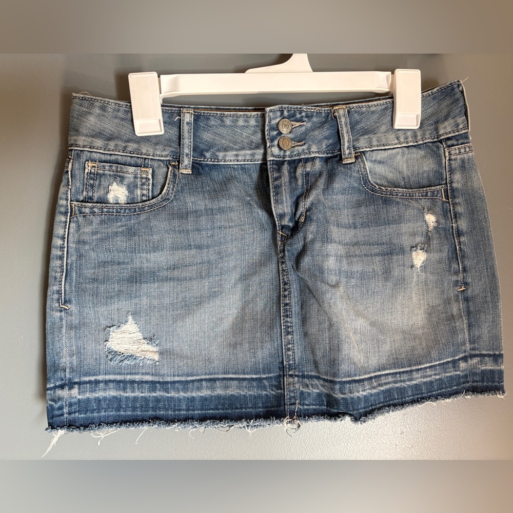 Y2K Denim Distressed Mini Skirt Raw Hem 100% Cotton Whimsigoth